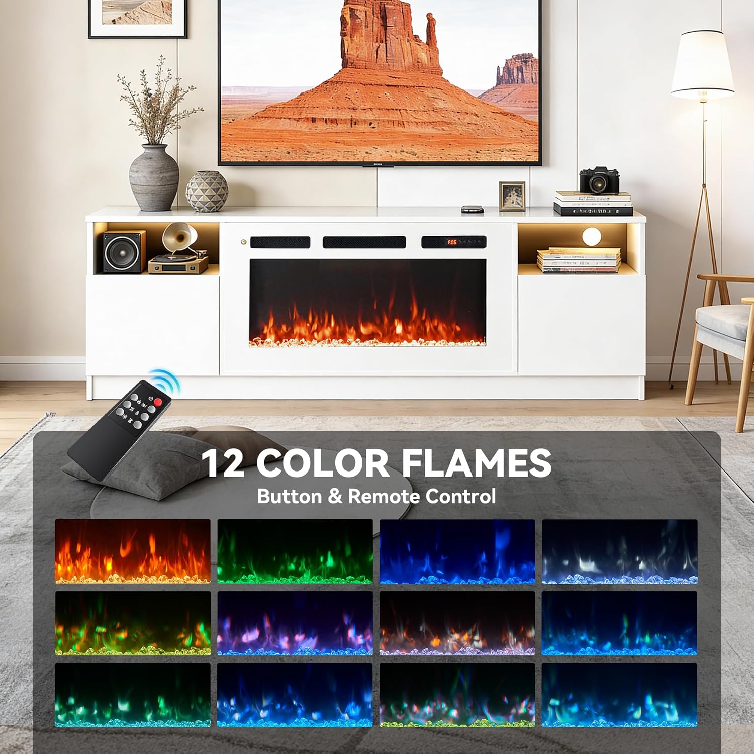 70" Fireplace TV Stand, LED Light Entertainment Center for TVs Up to 80", High-Gloss Door, Modern TV Console for Living Room with Storage Cabinet, White+White