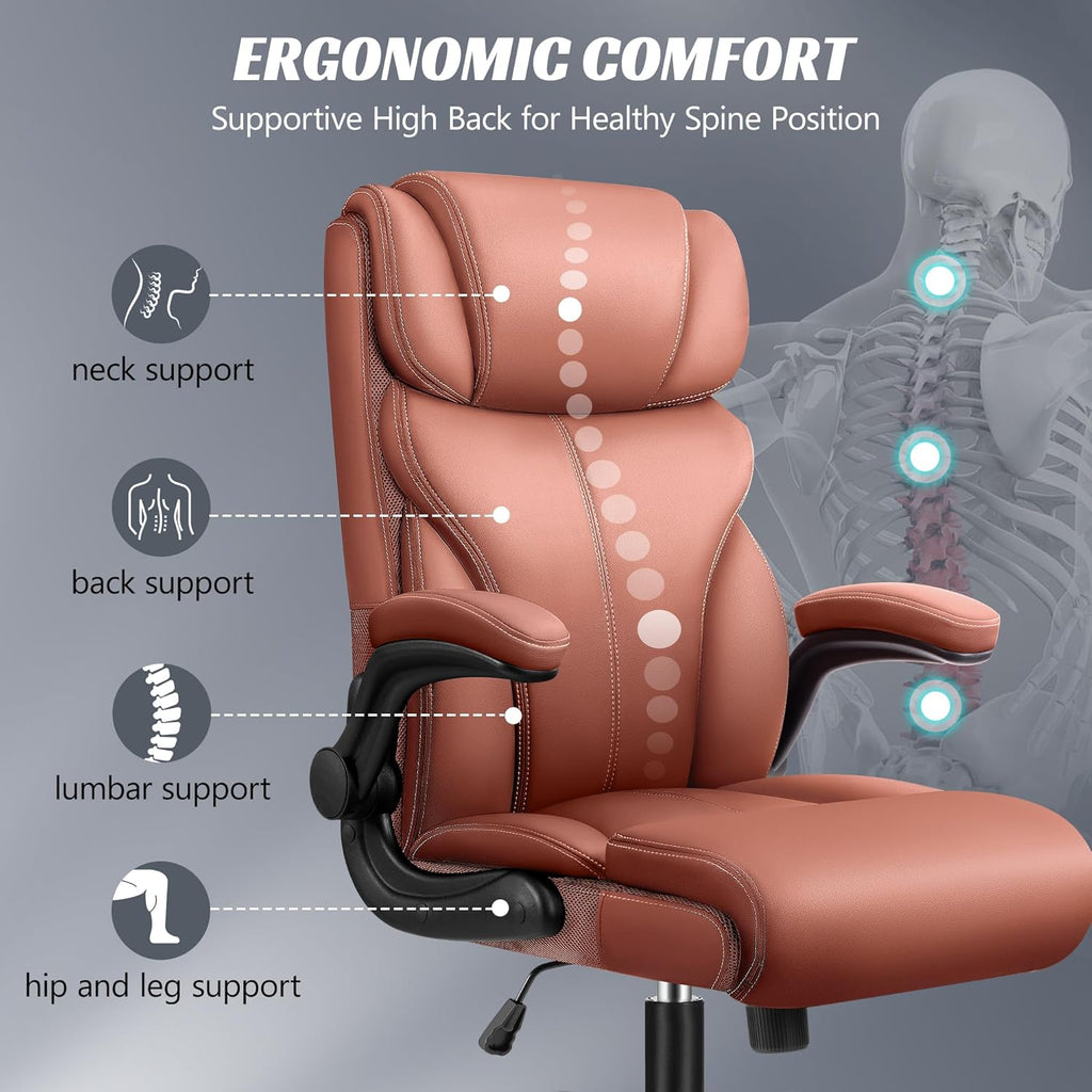 HeroSet Office Chair, Ergonomic Big and Tall Computer Desk Chairs, Executive Breathable Leather Chair with Adjustable High Back Flip-up Armrests, Lumbar Support Swivel PC Chair with Rocking Function