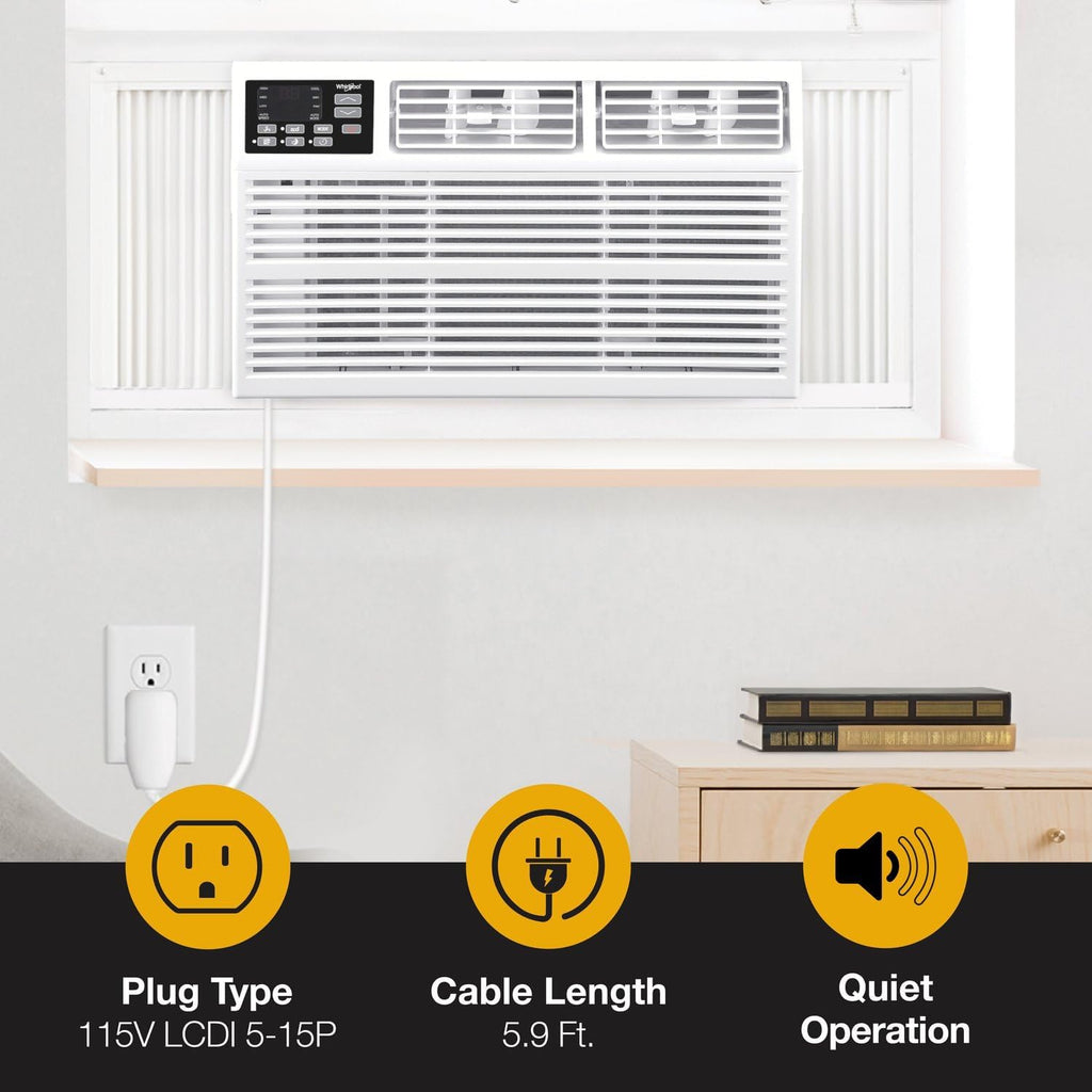 Whirlpool 10,000 BTU Window Air Conditioner with Dehumidifier, 115V, Window AC for Rooms up to 450 Sq. Ft., Living Room, Bedroom, or Kitchen, with Remote Control, Digital Display, and 24H-Timer, White