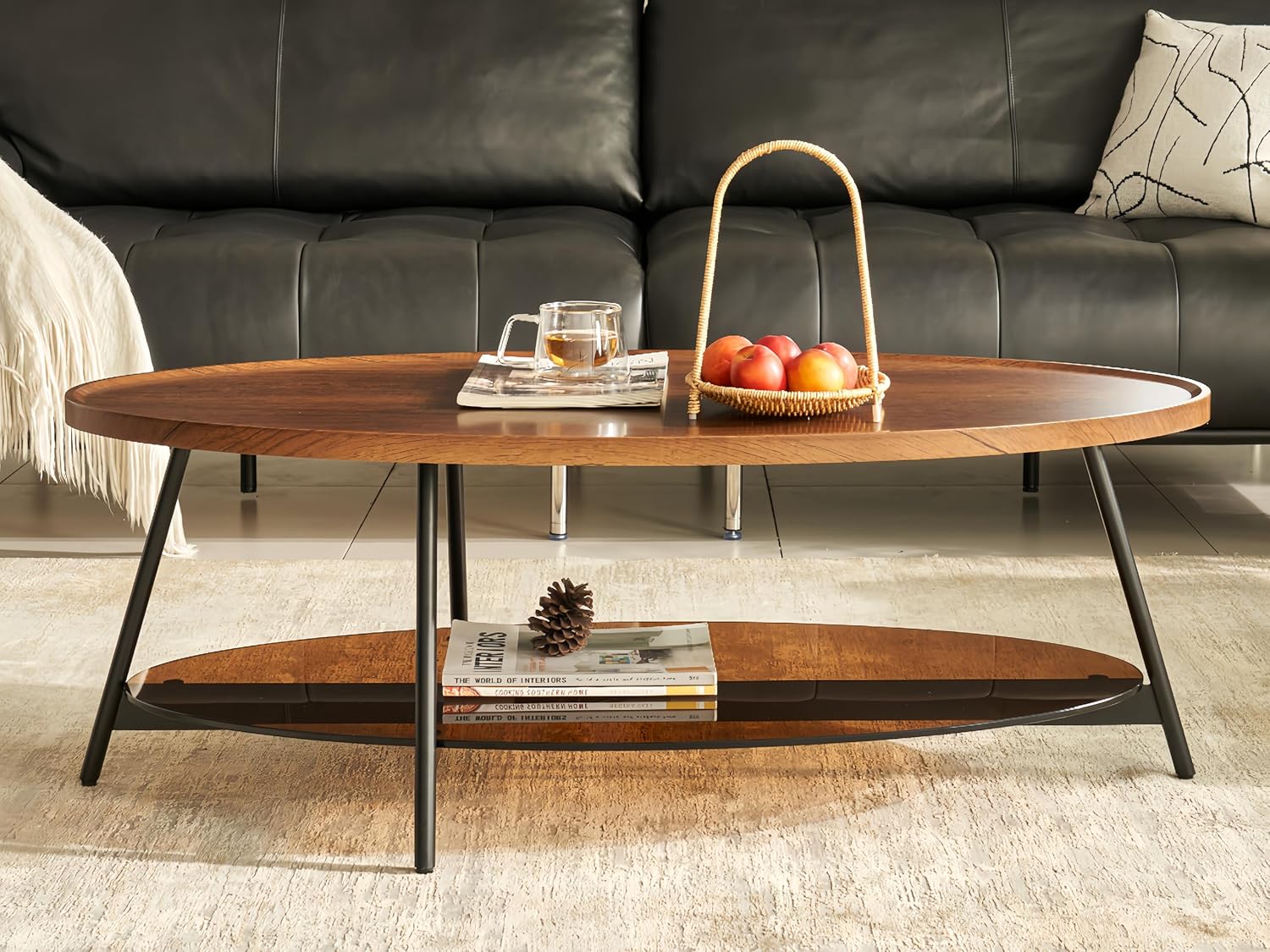 Shrine Glass Coffee Table, Black Walnut Table for Living Room, Glass and Wood Table, 43.3" D x 21.6" W x 15.7" H, Brown Glass Base, Walnut Wood Top&Black Metal Frame