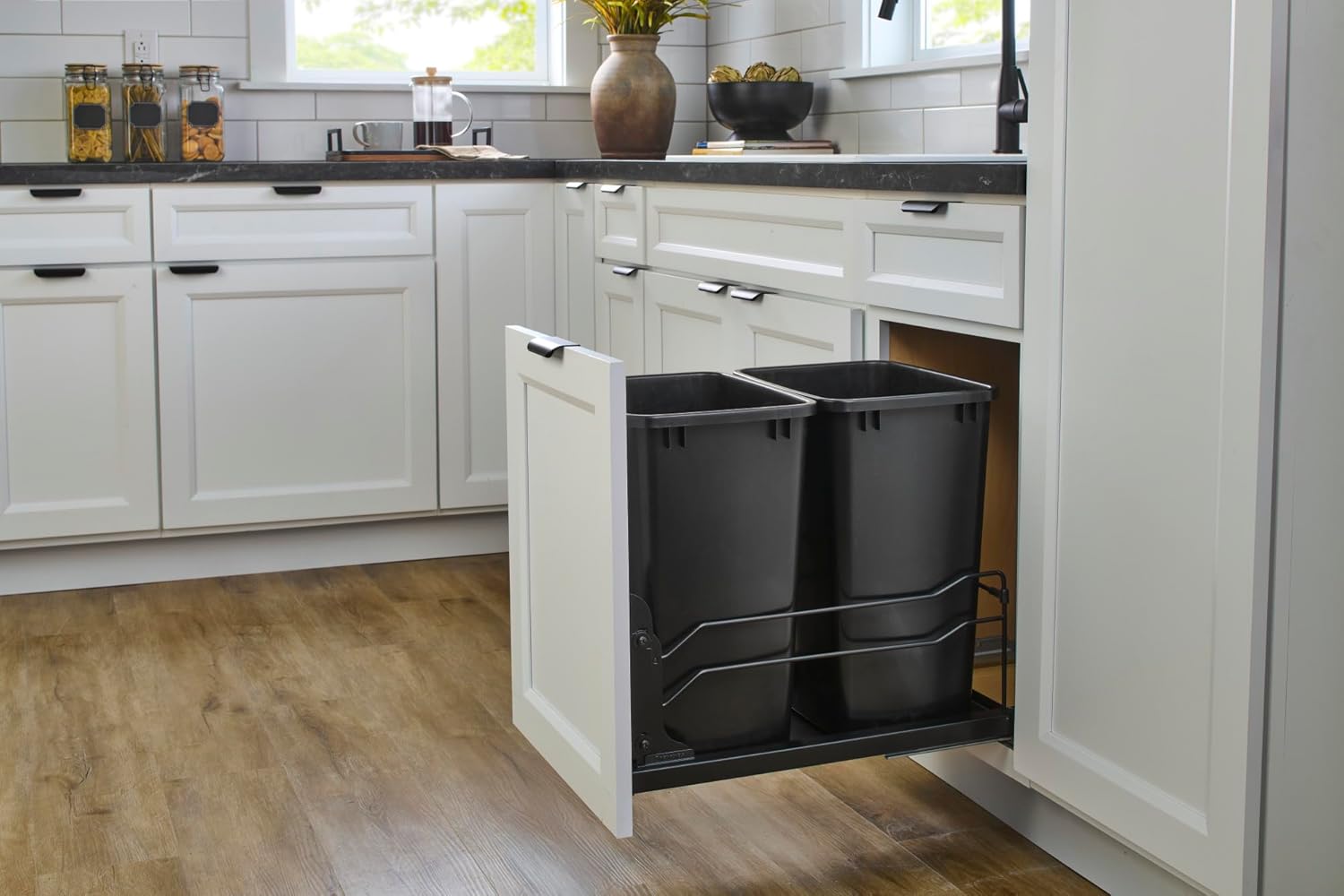 Rev-A-Shelf Steel Double Pullout Waste Container with Soft-Close, 35 Quart, Black - Sliding Garbage Bin System with Dual Trash Can for 18" Home Kitchen Base Cabinet, 53WC-1835SCDM-218