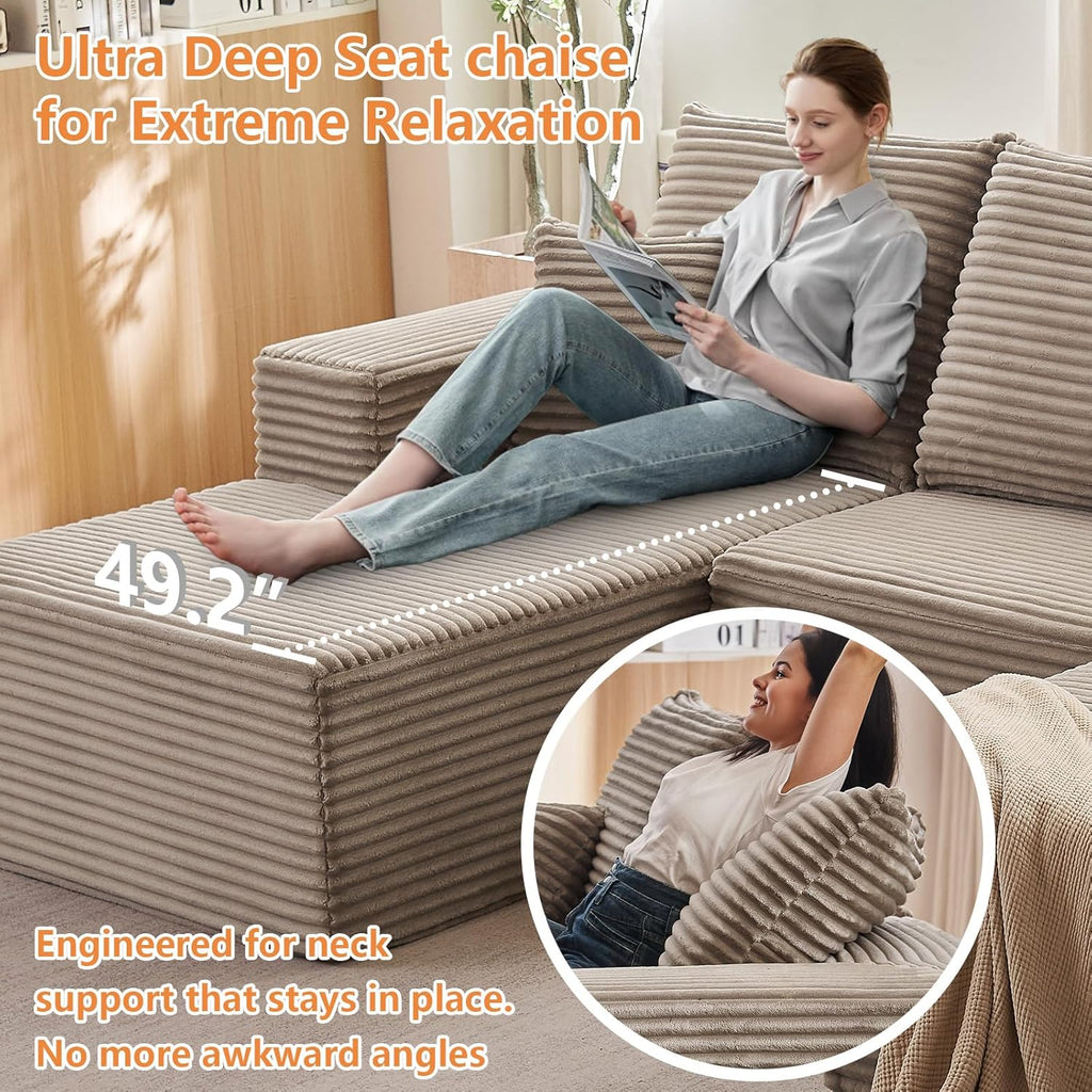 107" Modular Sectional Sofa with Ottoman, Modern Corduroy Cloud Couch with Deep Seat, Boneless Couch Upholstered 3-Seater U-Shaped Sofa for Living Room, No Assembly (Camel, Left-Facing Chaise)