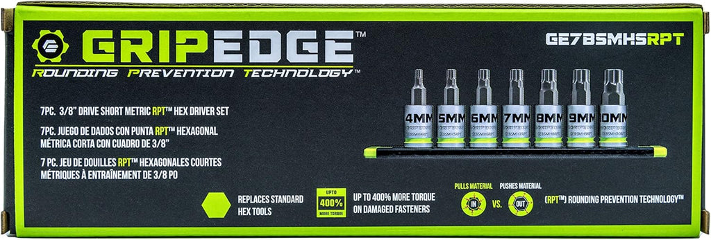 GRIPEDGE HEX Bit Socket Set | 7-PC - 3/8'' Drive Short Metric RPT Hex Driver Set | Sizes 4MM - 10MM | Made With S2 Steel | Includes Premium Aluminum Storage Rail |
