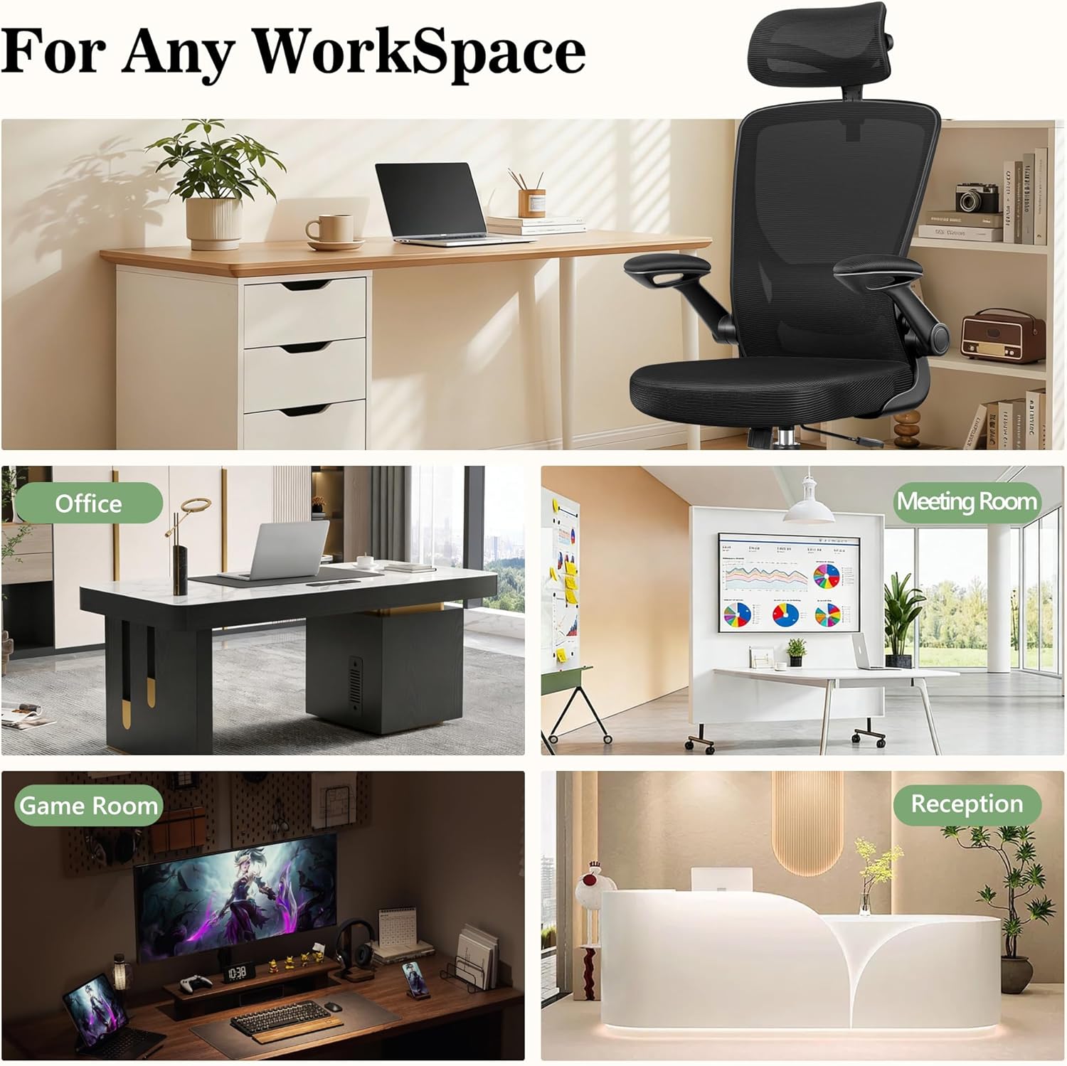 BESTFAIR Office Chair Ergonomic Desk Chair, Breathable Mesh Office Chairs with Adjustable Lumbar Support, Flip-Up Arms, Computer Desk Chair Comfy for Home Office, Black