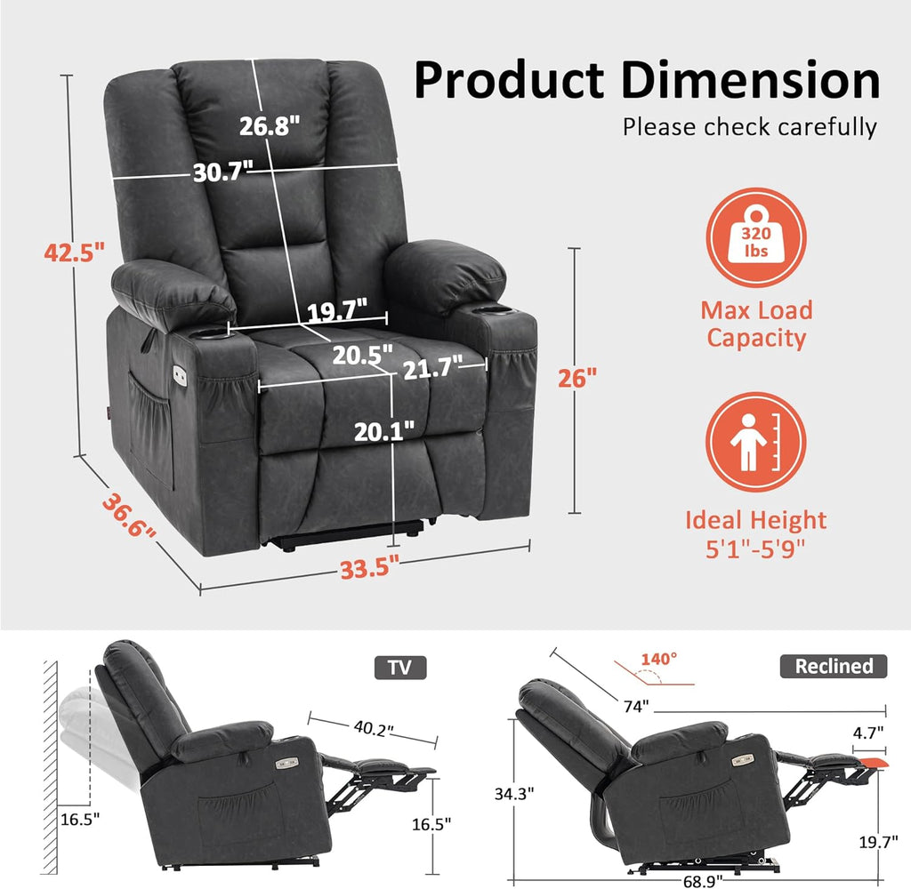 MCombo Power Lift Recliner Chair for Elderly, Lift Chair with Heat and Massage, USB Ports, Cup Holders, Faux Leather 7519 (Medium, Dark Grey)