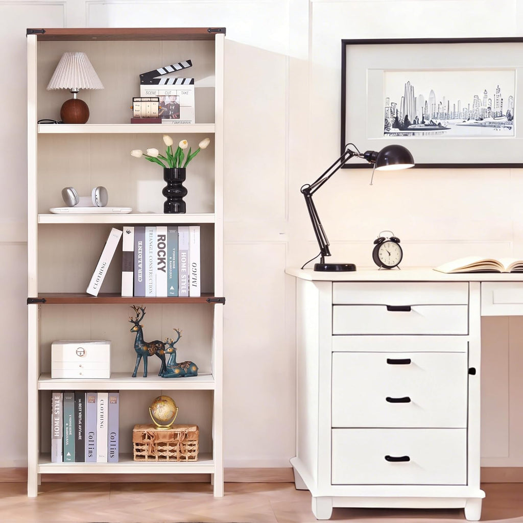 71" Tall Bookshelf, 5-Tier Farmhouse Bookcase, Free Standing Display Shelf & Storage Organizer for Living Room, Home Office, Bedroom,Antique White.