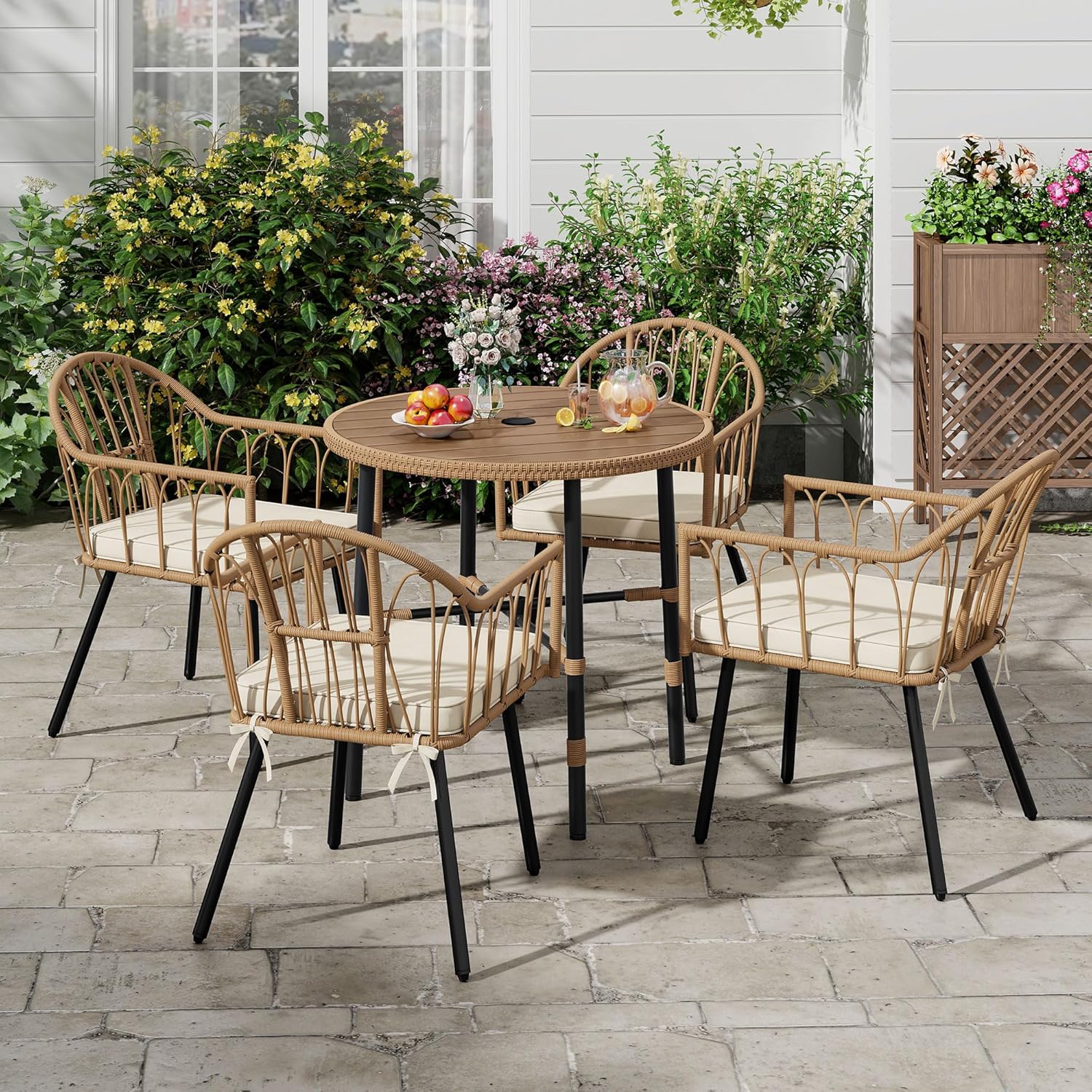 DWVO Outdoor Patio Dining Table Round for 4 35.4" Outdoor Tables with Umbrella Hole & Adjustable Levelers All-Weather Bistro Table with Metal Frame for Lawn Garden Backyard