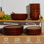 Pokini Stoneware Dinnerware Set Service for 4, 12 pcs Reactive Glaze Plates and Bowls Sets, Handmade Round Dishes Set, Highly Chip and Crack Resistant Modern Plate Set, Brown Yellow