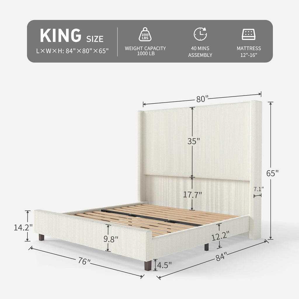 King Size 65.2" Upholstered Bed Frame with USB Charging Station,Soft Washable Corduroy Cover with Wingback Headboard, Solid Wood Legs/Noise-Free/No Box Spring Needed/Beige