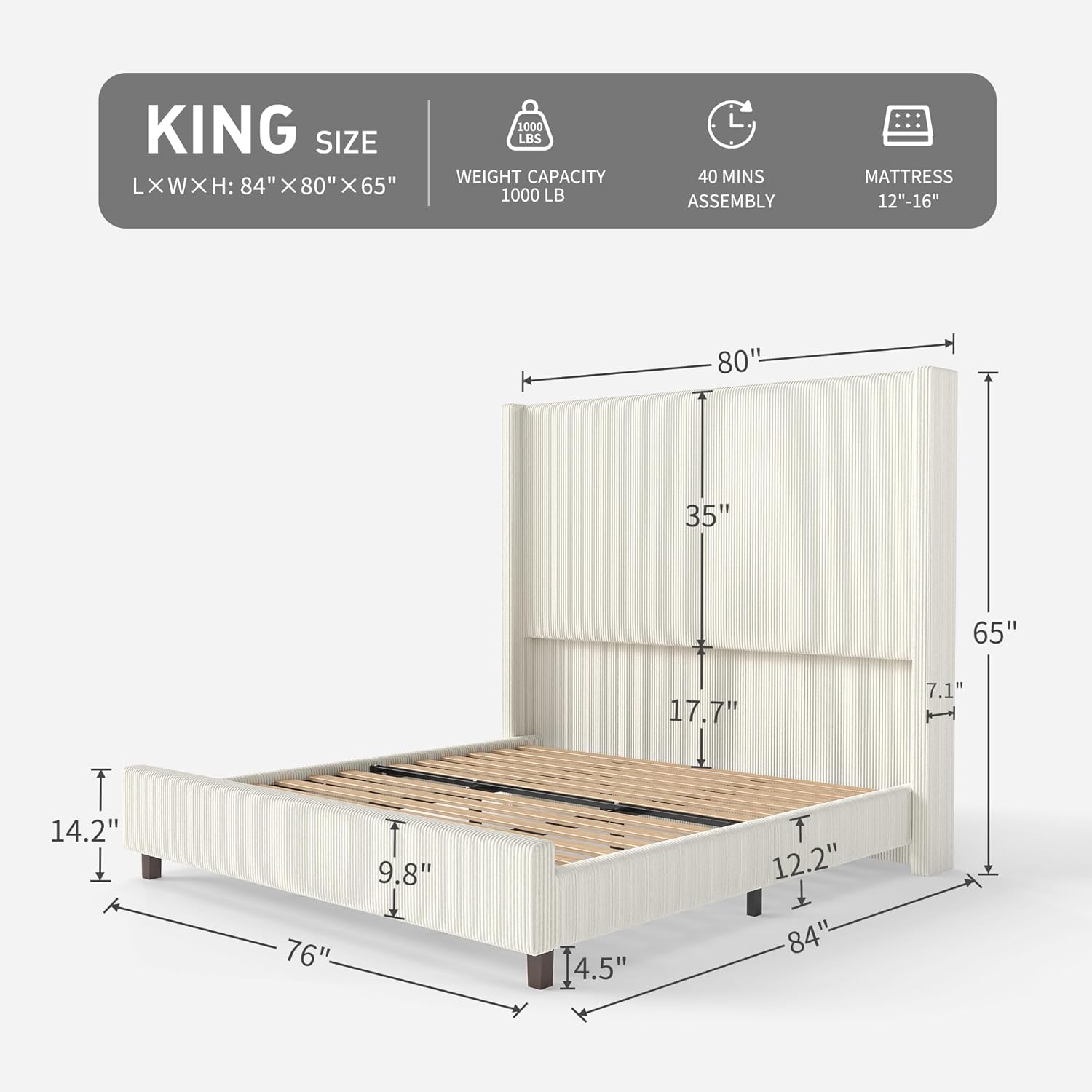 King Size 65.2" Upholstered Bed Frame with USB Charging Station,Soft Washable Corduroy Cover with Wingback Headboard, Solid Wood Legs/Noise-Free/No Box Spring Needed/Beige