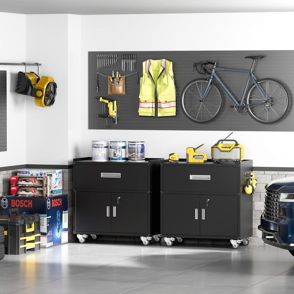 LCAOPC Metal Garage Storage Cabinet with Wheels, Lockable Rolling Tool Chest with Wheels, Tool Cabinet on Wheels, Metal Rolling Utility Cabinet for Home, Office, Garage and Workshop, Black