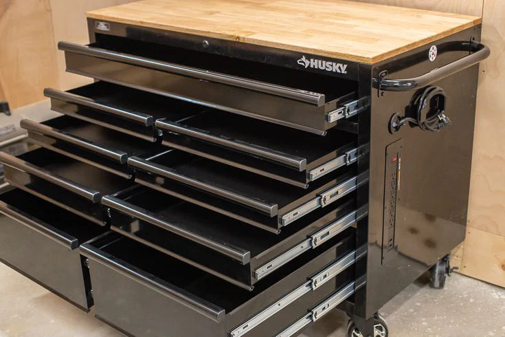 46-in W x 24.5-in D 9-Drawer Mobile Workbench with Hardwood Top and Power Station  Gloss Black