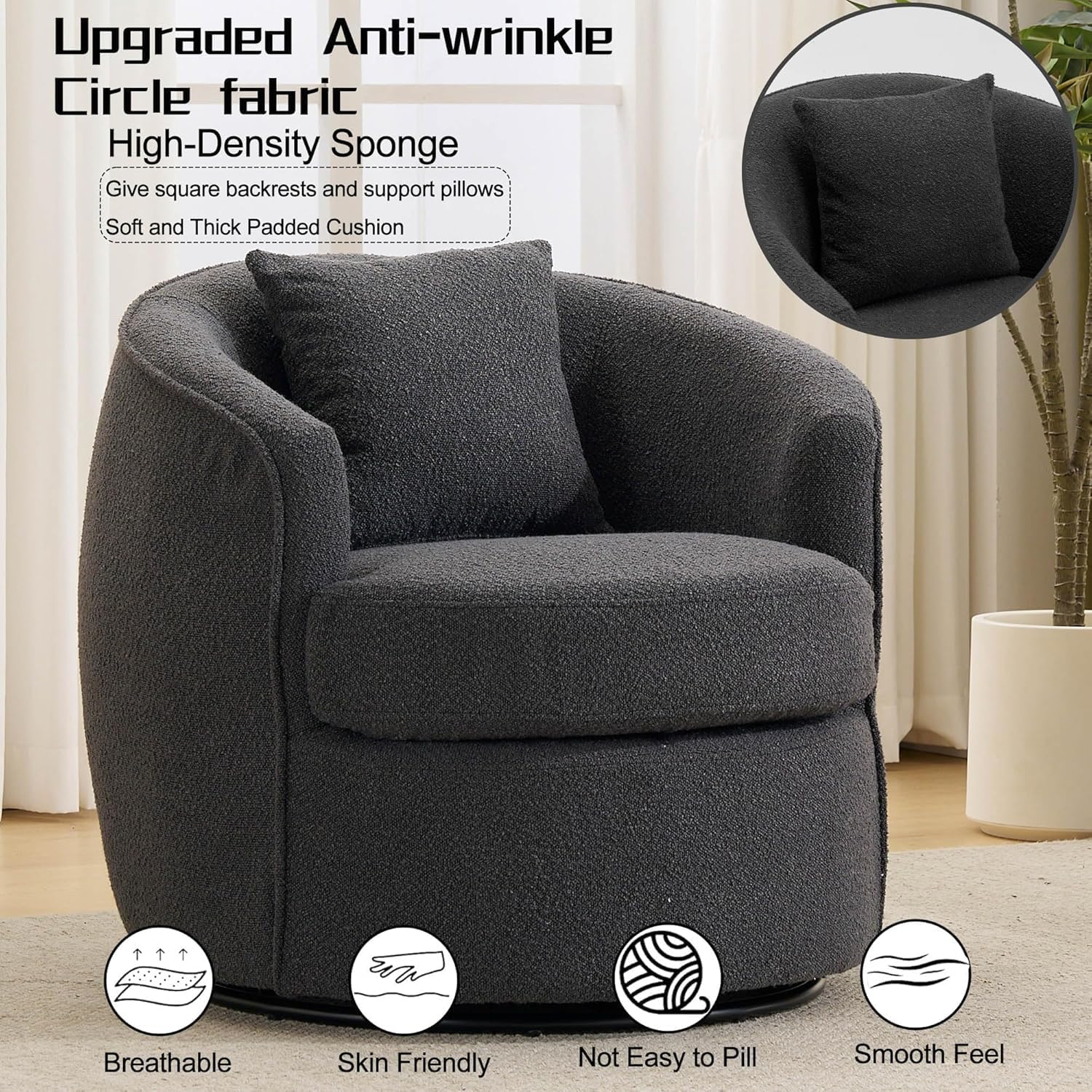 Swivel Barrel Chairs  .32 Inches Wide No Assembly Round Upholstered Armchairs Accent Chairs Single Sofa Chair for Living Room (Dark Grey, Set of 2)