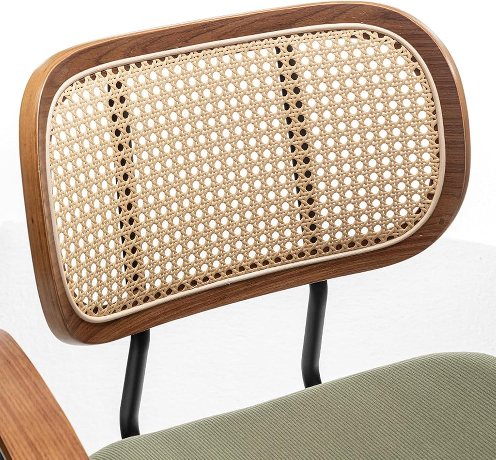 Rattan Dining Room Chairs Set of 2,Mid Century Modern Kitchen Side Chairs,Metal Legs Desk Chairs,Green Modern Corduroy Fabric Accent Chairs with Arms and Rattan Backrest