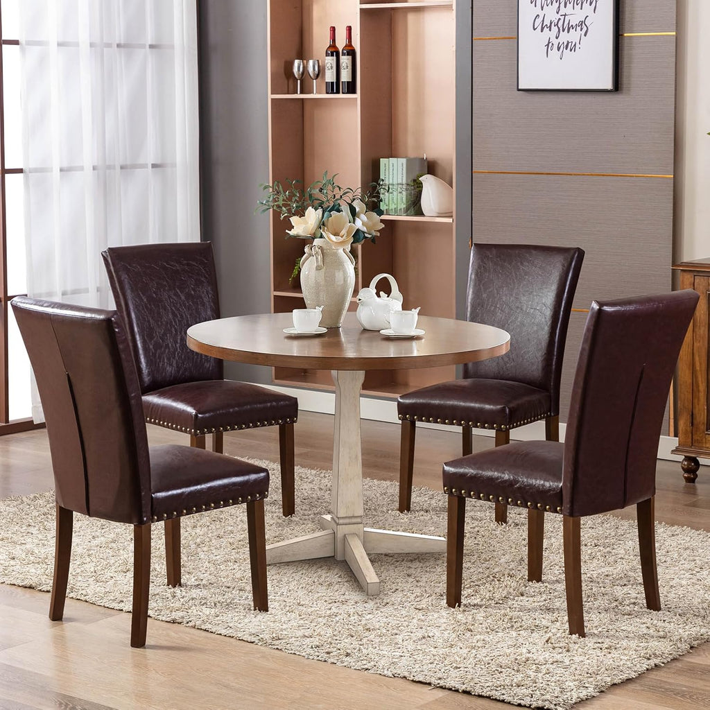COLAMY Upholstered Parsons Dining Chairs Set of 4, PU Leather Dining Room Kitchen Side Chair with Nailhead Trim and Wood Legs - Dark Brown
