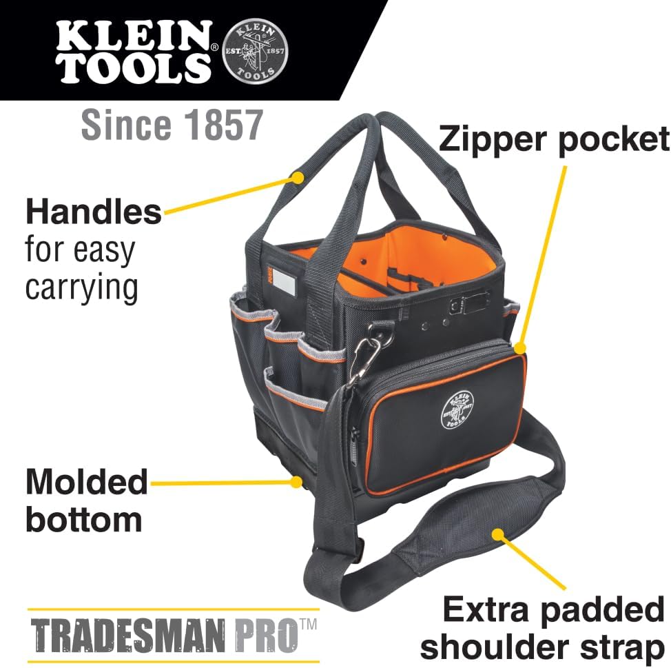 Klein Tools 5541610-14 Tool Bag with Shoulder Strap Has 40 Pockets for Tool Storage and Orange Interior