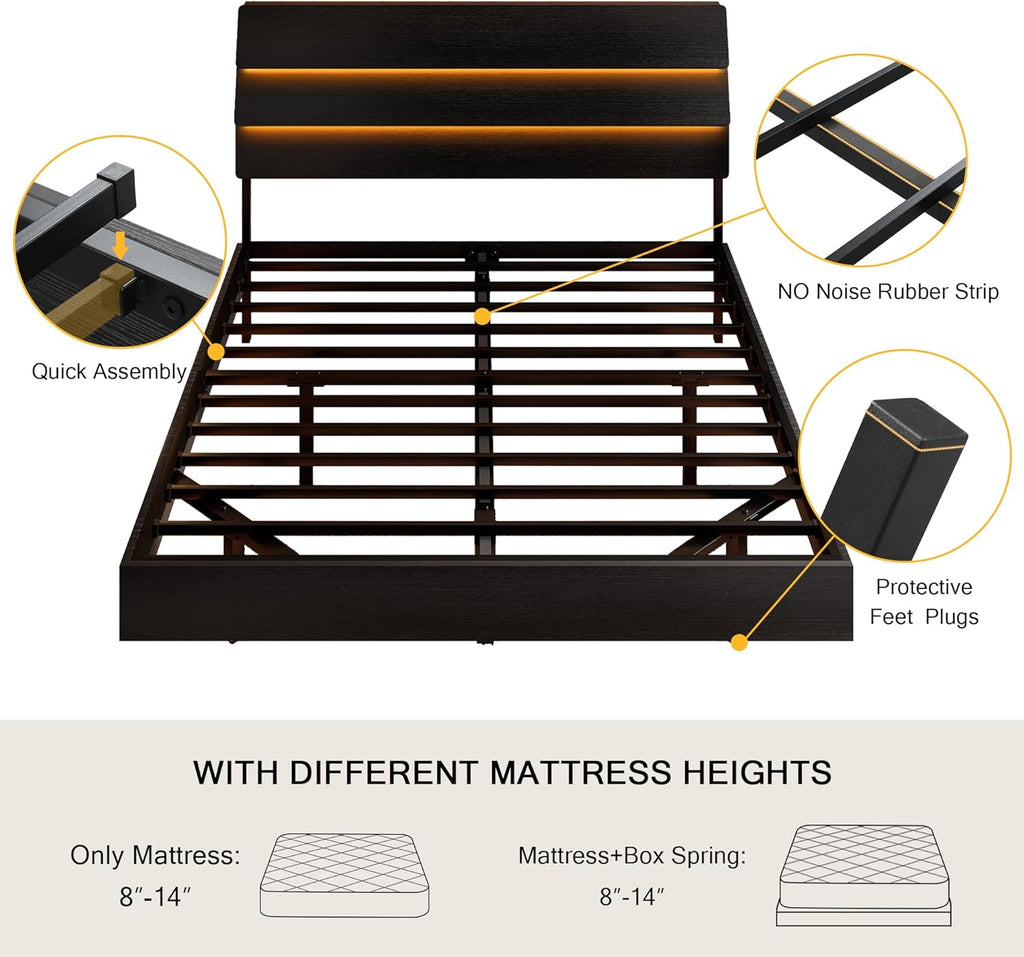 Floating Bed Frame Queen Size with Led Headboard and Charging Station, Metal Platform Bed Base with Storage, Remote Control, Heavy Slats Support, No Box Spring Needed, Noise Free, Black