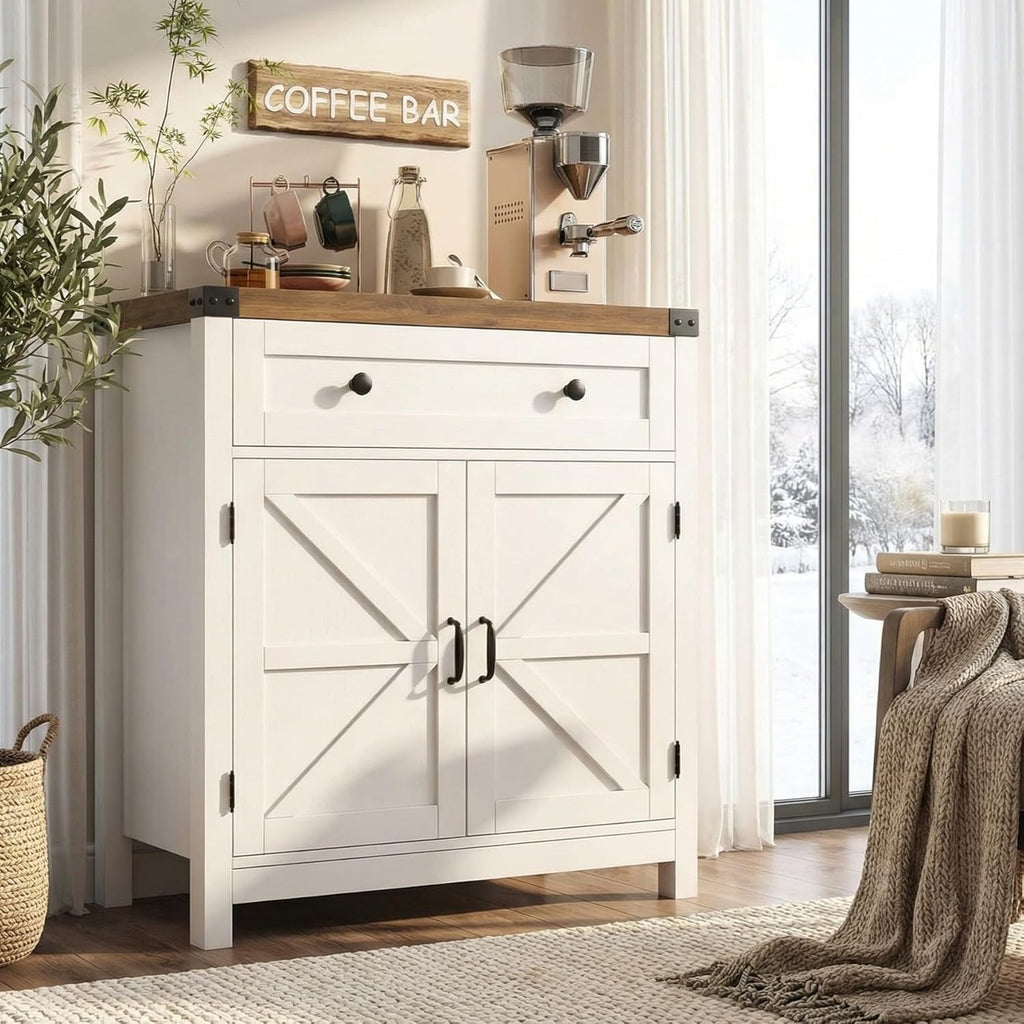 HOSTACK Coffee Bar Cabinet, Kitchen Storage Cabinet, Modern Farmhouse Buffet Sideboard with Drawer and Adjustable Shelf, Barn Door Accent Cabinets for Kitchen, Dining Room, Entryway, White