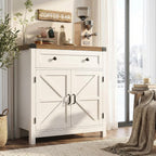 HOSTACK Coffee Bar Cabinet, Kitchen Storage Cabinet, Modern Farmhouse Buffet Sideboard with Drawer and Adjustable Shelf, Barn Door Accent Cabinets for Kitchen, Dining Room, Entryway, White