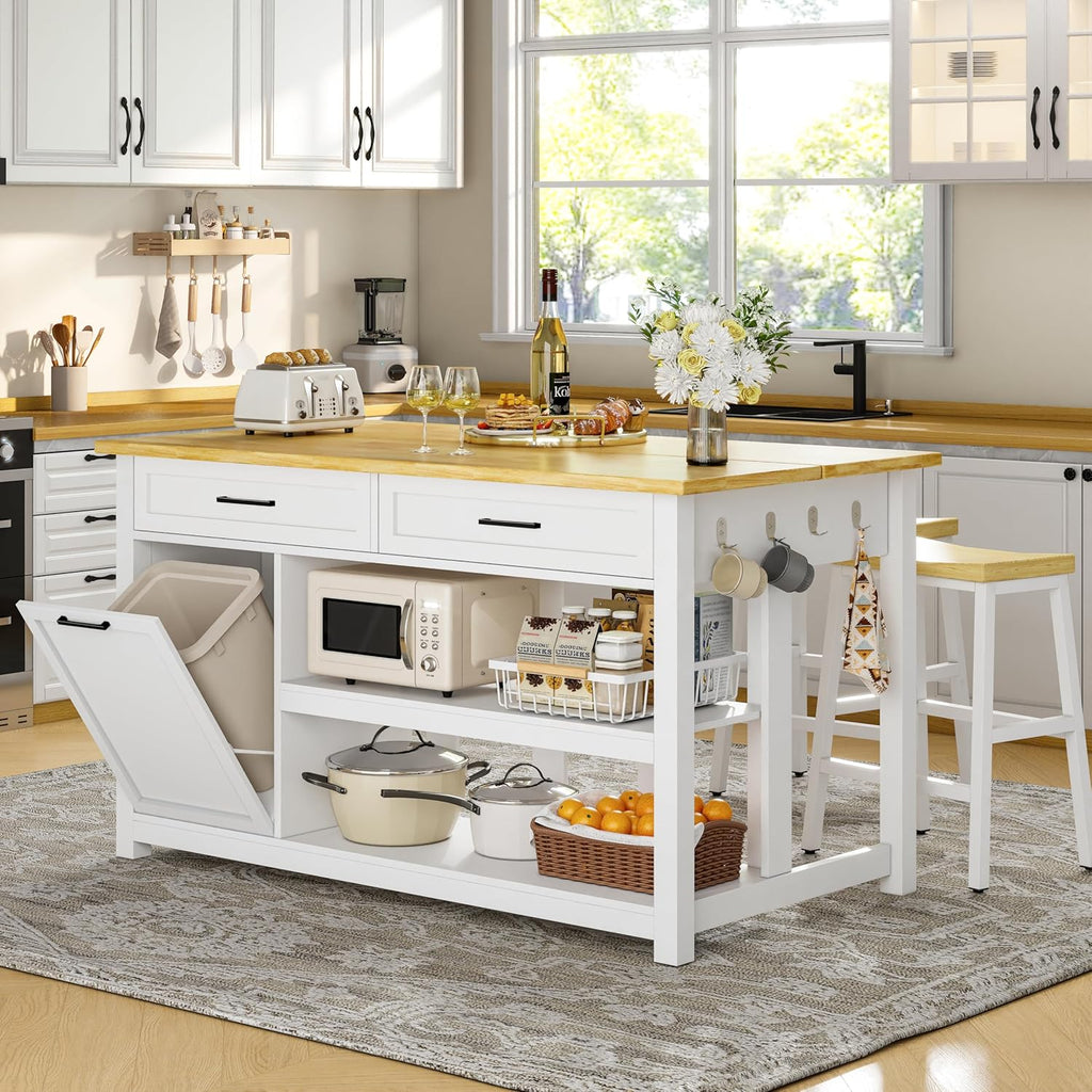 Kitchen Island with Storage and Seating Include 2 Bar Stools, 47" Solid Rubberwood Top Kitchen Island with Trash Can Storage, Power Outlet, 2 Drawers & Open Shelves Cabinet, Dining Table for 2, White