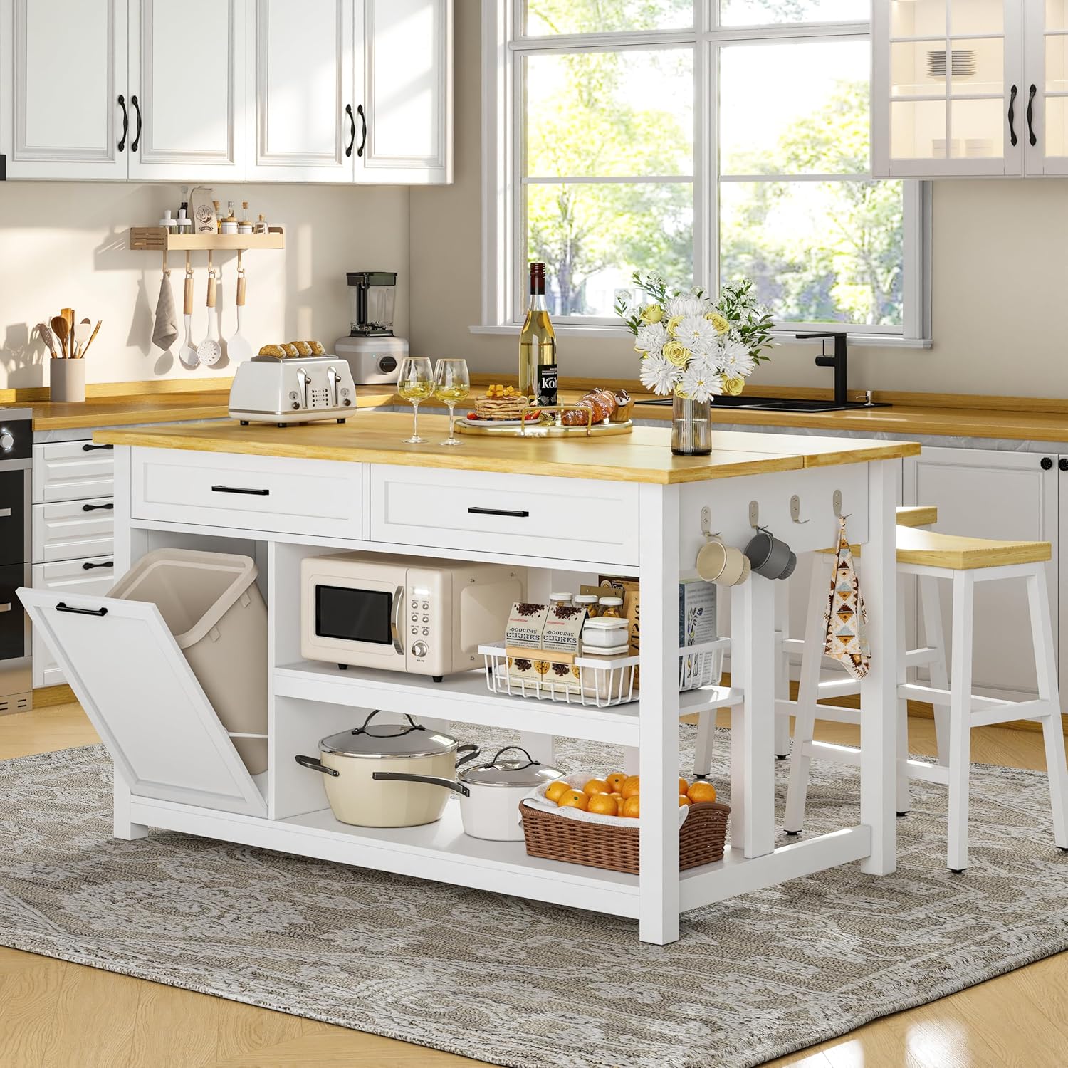 Kitchen Island with Storage and Seating Include 2 Bar Stools, 47" Solid Rubberwood Top Kitchen Island with Trash Can Storage, Power Outlet, 2 Drawers & Open Shelves Cabinet, Dining Table for 2, White