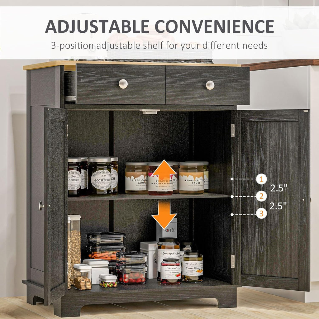 HOMCOM Sideboard Buffet Cabinet with Solid Wood Countertop, Modern Kitchen Storage Cabinet, Coffee Bar Cabinet with 2 Drawers, Doors and Adjustable Shelf, Distressed Black