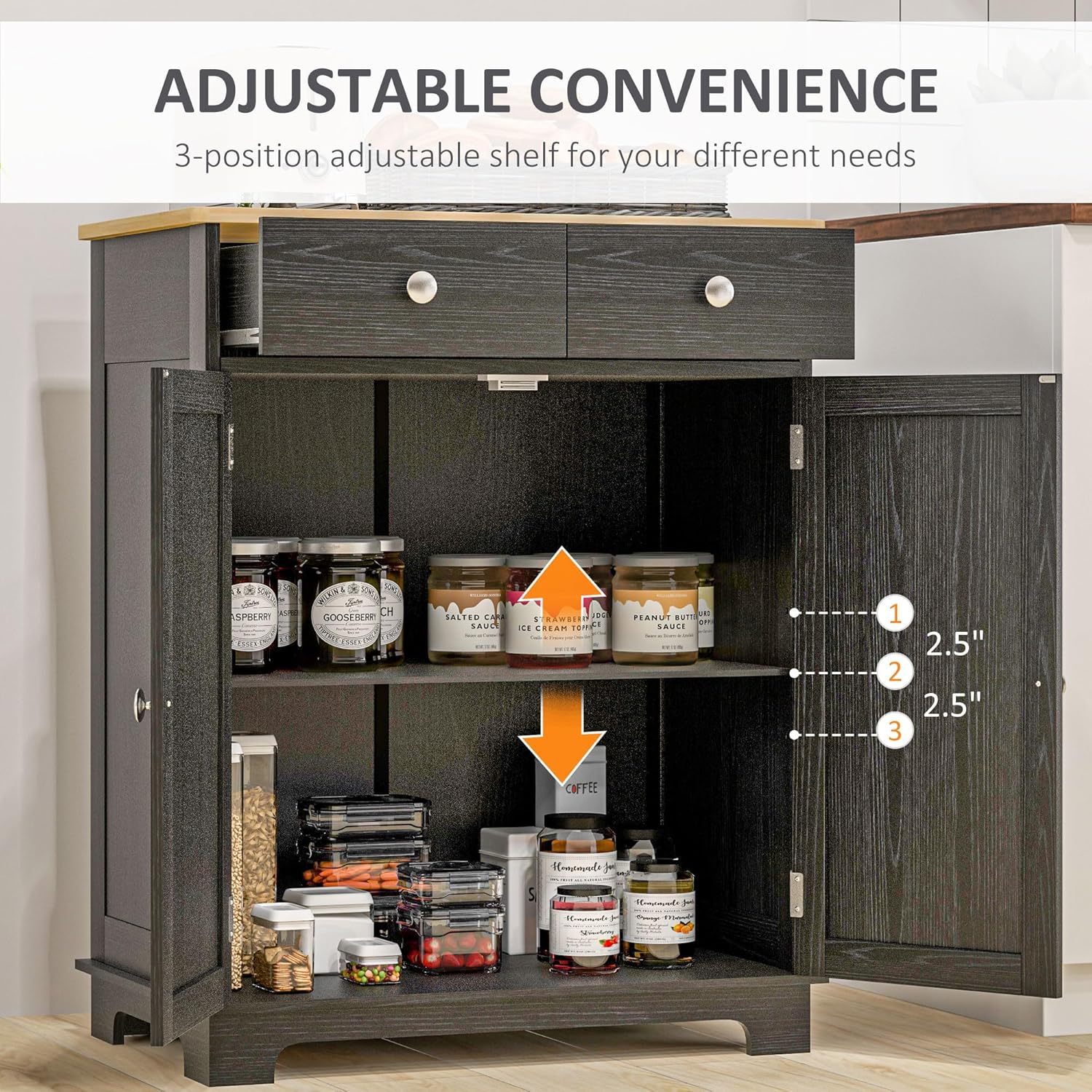 HOMCOM Sideboard Buffet Cabinet with Solid Wood Countertop, Modern Kitchen Storage Cabinet, Coffee Bar Cabinet with 2 Drawers, Doors and Adjustable Shelf, Distressed Black