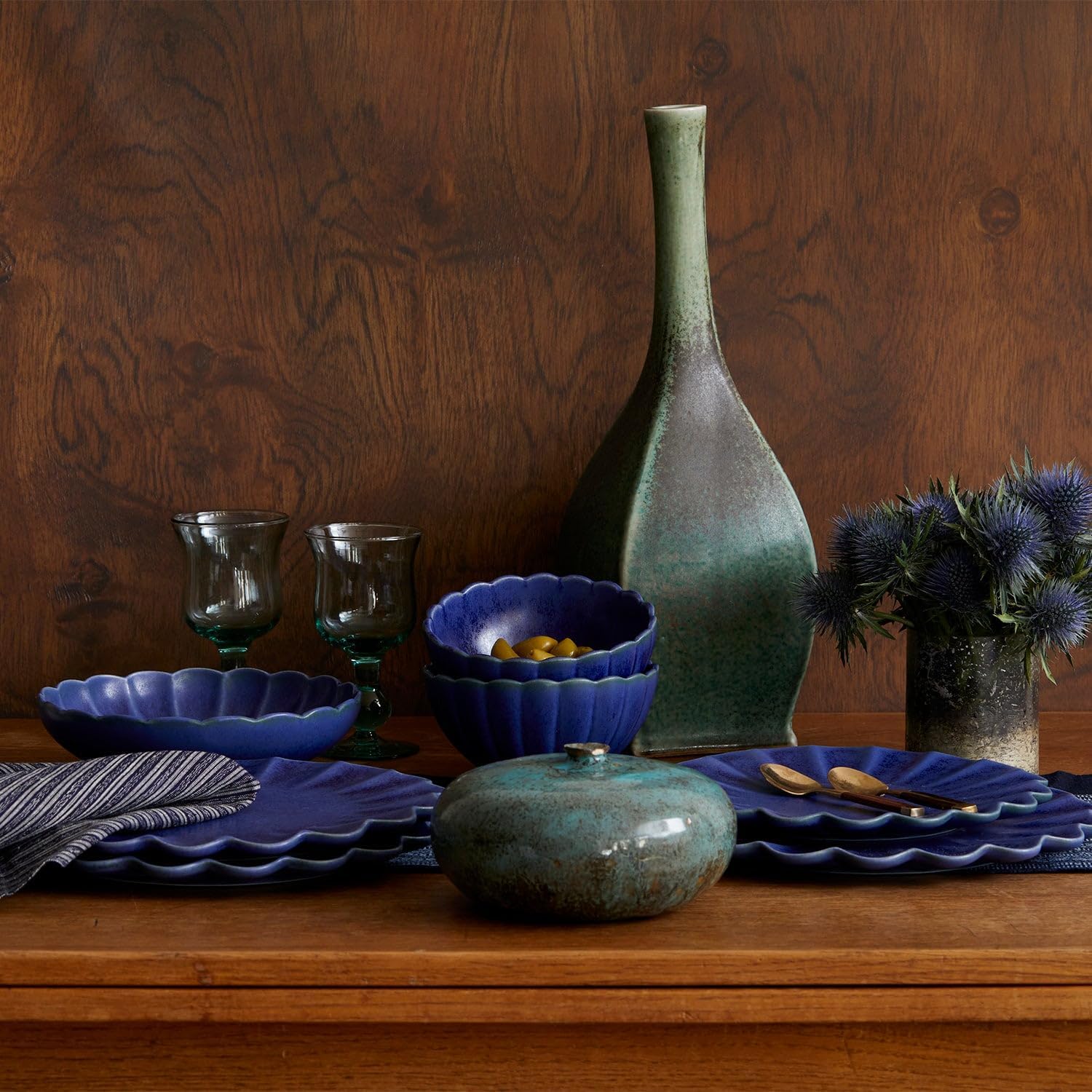 LEMIEUX ET CIE Dhalia 4-Piece Bowl Set Stoneware, Bowls, Dishwasher and Microwave Safe, Dish Set for 4, Blue