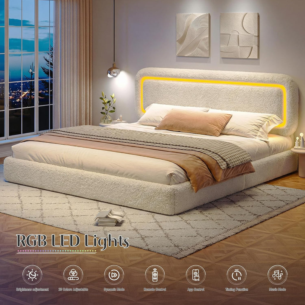 Cloud Bed Frame King,Soft King Size Bed Frame and Headboard,Boucle Upholstered King Platform Bed Frame,Anti-Collision Round Corners,No Box Spring Needed,Modern,Beige