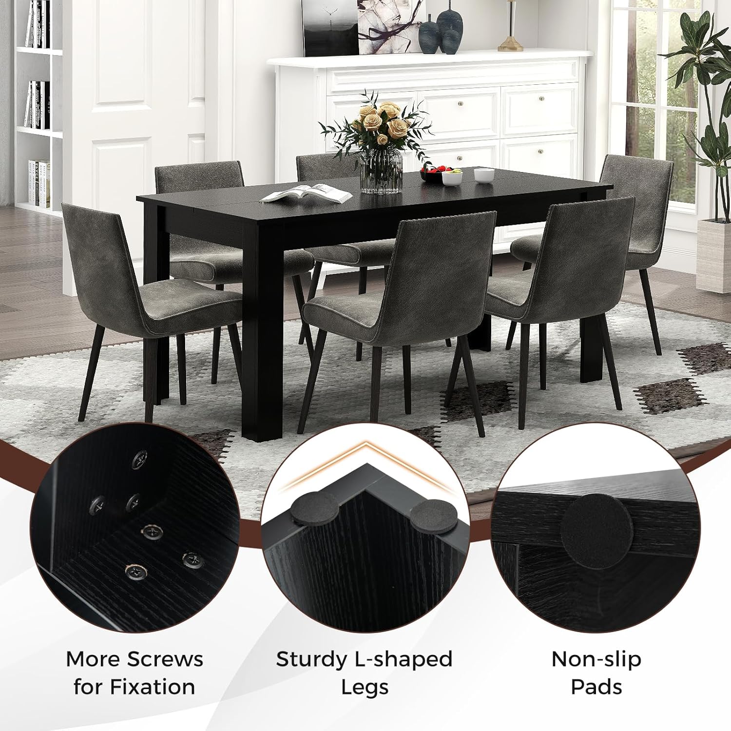 COSTWAY Rectangular Dining Table for 4-6 People, 63' Farmhouse Dinette with Large Computer Workstation, Modern Kitchen Table for Apartment, Living Room, Restaurant (Black)