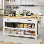 60" Solid Rubberwood Kitchen Island with Power Outlets - Extra Large Work Surface, 3 Drawers & 2 Open Shelves Storage Cabinet for Kitchen Dining Room, Farmhouse Style (White)