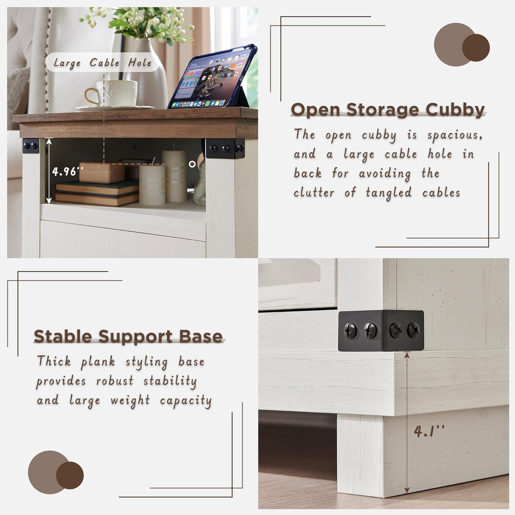 Farmhouse Nightstand Set of 2 with Charging Station, 18" Rustic Night Stand with 2 Storage Drawers, Wood End Table for Bedroom, Living Room, Antique White