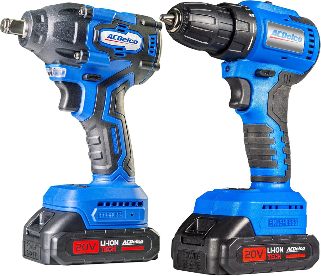 ACDelco Brushless Combo Kit, 251 Ft-lbs (350Nm) Impact Wrench & 400 In-lbs Drill, 1/2" & 3/8" Chuck, (2) 2.0Ah Batteries & Charger, 2600 RPM, 20V 2-Tool Power Kit, ARI20132-K1
