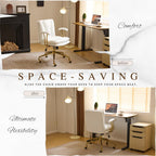 VINGLI Home Office Desk Chair Comfy with Wheels & Removable Armrests,Gold Base Vanity Chair with Back, Adjustable Rolling Swivel Computer Task Chair for Study,Makeup,Office,Bedroom,PU Leather,White