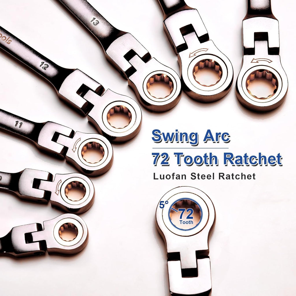 15-Piece SAE Ratcheting Wrench Set (1/4″–1″), 72-Tooth Flex-Head Combination Wrenches, Heavy-Duty Cr-V Mechanic Tool Kit with Organizer Roll Bag