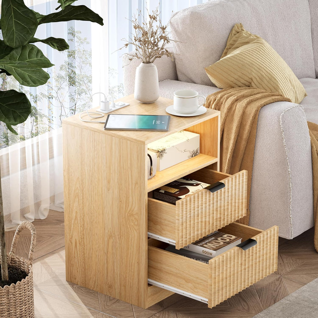 LED Nightstand with Charging Station, Fluted Nightstand Set of 2, Wood Nightstands with 2 Drawers & Metal Handles, Modern Bedside Table & End Tables, Farmhouse Night Stands for Bedroom, Natural