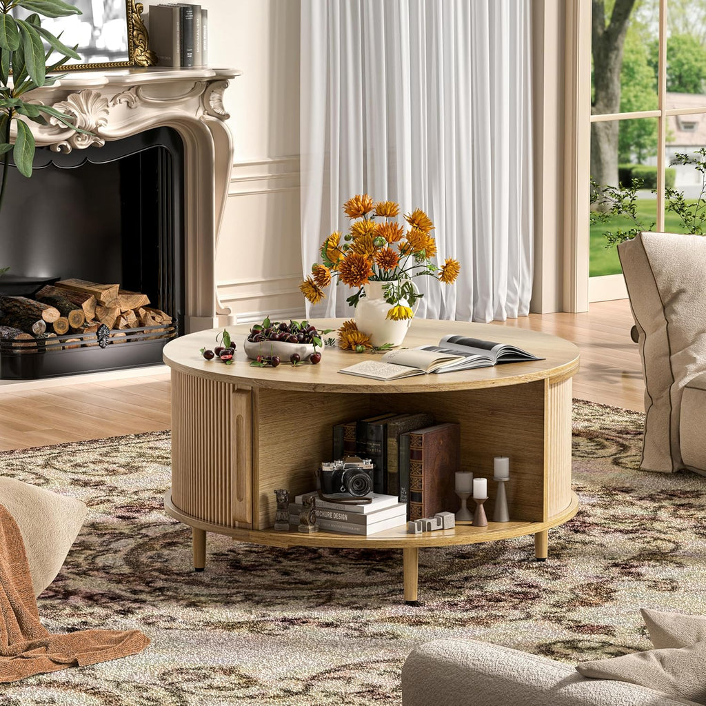 Round Coffee Table, 31.5" Fluted Center Table with Storage, Lift-Top Coffee Table with Adjustable Footpads, Sliding Door, Mid-Century Modern Center Table for Living Room, Small Space (Nature)
