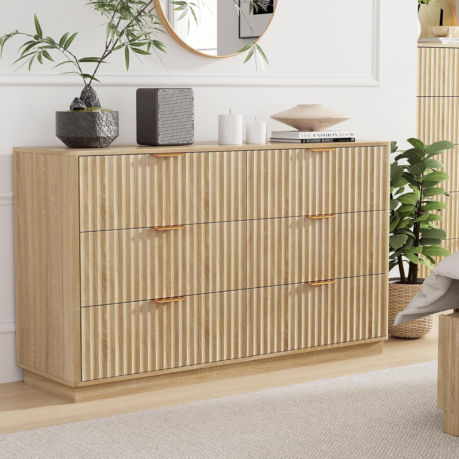 VOWNER Fluted 6 Drawers Dresser for Bedroom, 54" Wide Modern Chest of Drawers with Metal Handle, Closet Clothes Storage Organizer, Wood Dresser TV Stand for Living Room, Closet, Hallway, Entryway