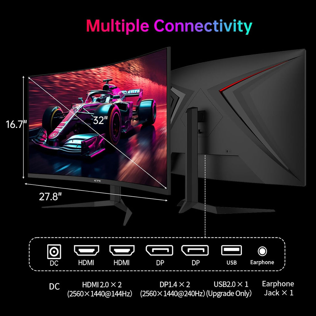 KTC 32 Inch 240Hz Curved Gaming Monitor  2K 1440P Computer PC Monitor with 1000R 1ms Frameless  Adaptive Sync 122% sRGB  HDMI  DisplayPort  Tilt Adjustable  H32S25E