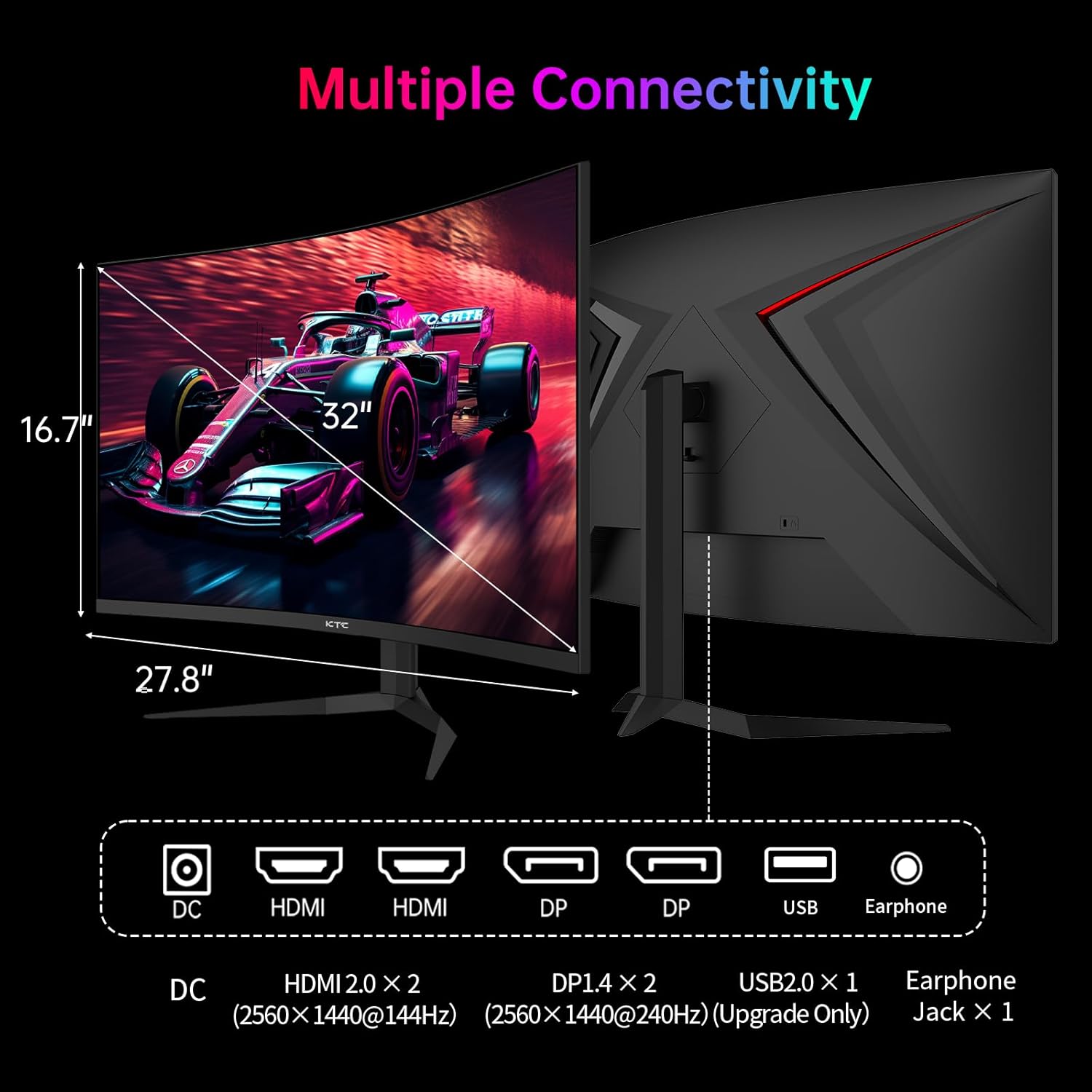 KTC 32 Inch 240Hz Curved Gaming Monitor  2K 1440P Computer PC Monitor with 1000R 1ms Frameless  Adaptive Sync 122% sRGB  HDMI  DisplayPort  Tilt Adjustable  H32S25E