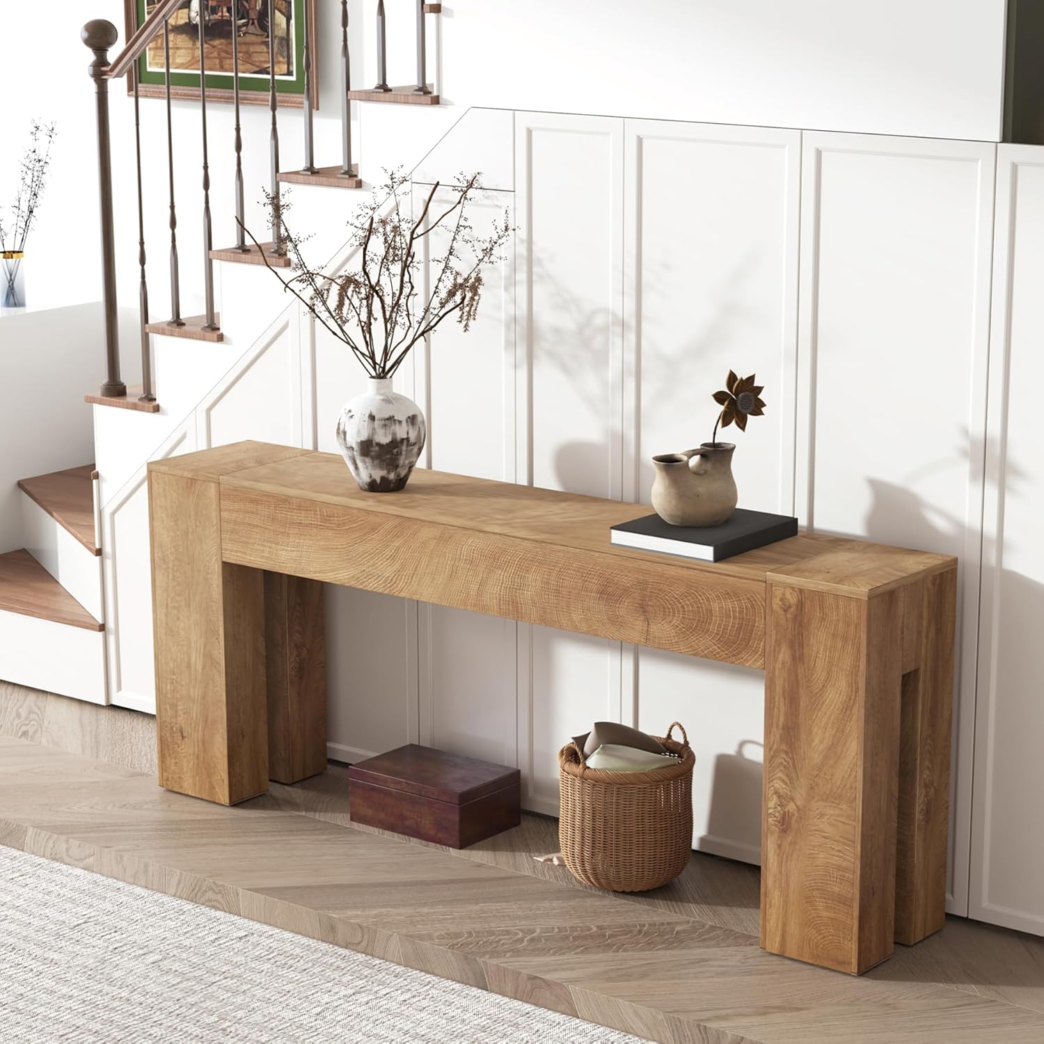 Extra Long Sofa Console Table for Entryway Living Room, 78-Inch Farmhouse Wood Behind Couch Table, Rectangular Accent Console with Wooden Double Base for Hallway Foyer Entrance, Natural Oak