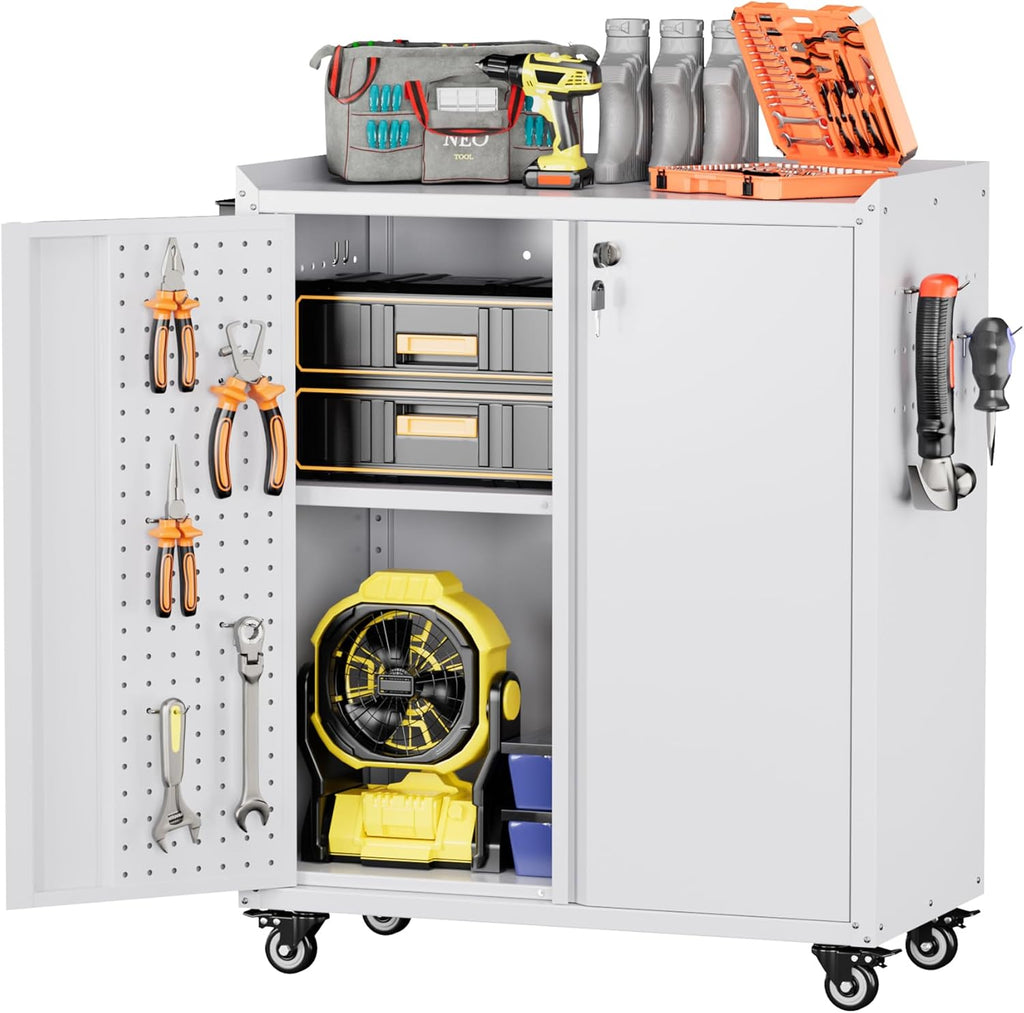 Garage Storage Cabinet with Wheels,Lockable Metal Storage Cabinet on Wheels, Pegboard for Garage Home Warehouse, Assembly Required, White,13.8 "D x 26" W x 31.5" H