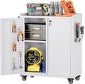 Garage Storage Cabinet with Wheels,Lockable Metal Storage Cabinet on Wheels, Pegboard for Garage Home Warehouse, Assembly Required, White,13.8 "D x 26" W x 31.5" H