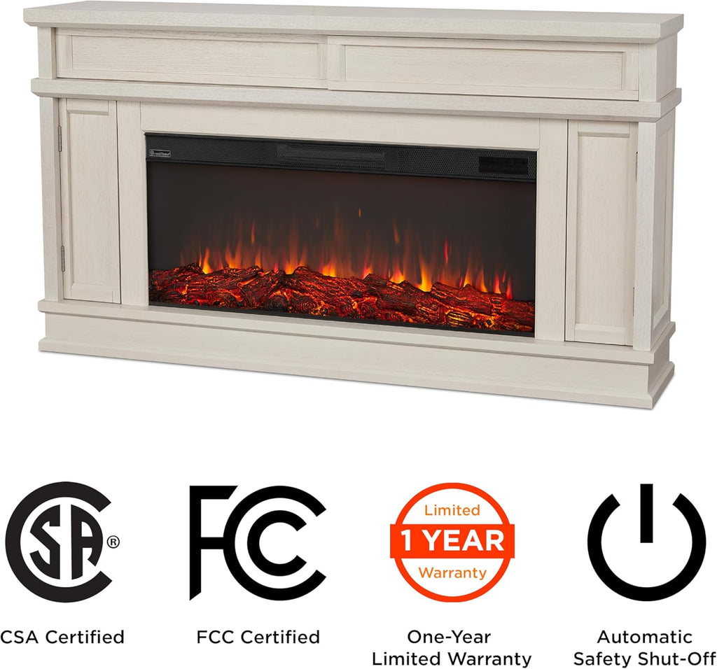 Real Flame Torrey 60” Electric Fireplace TV Stand for TVs up to 60 inches, Entertainment Center with Adjustable Shelves and Hidden Storage, TV Stand for Living Room and Bedroom, Bone White
