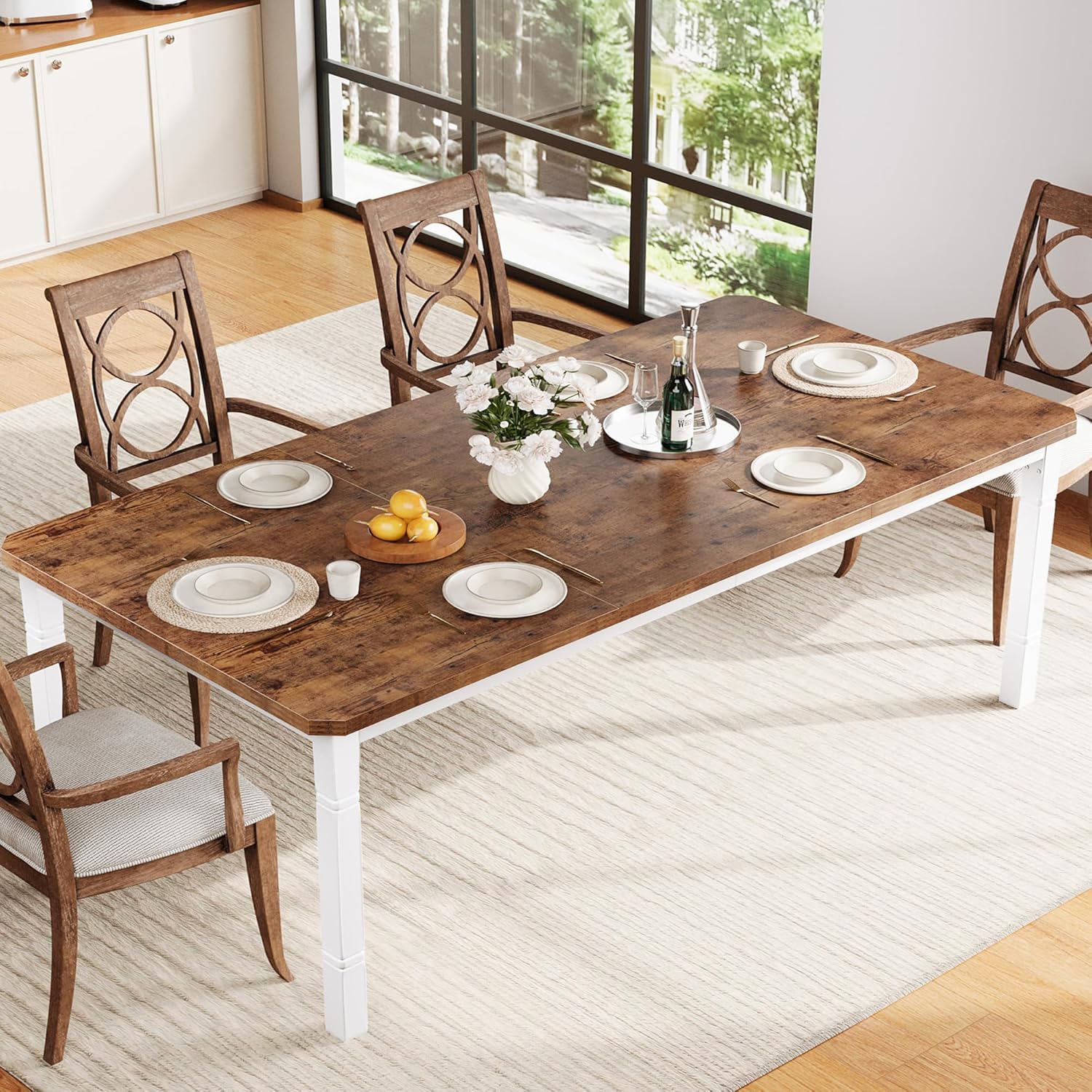 IDEALHOUSE 79" Dining Table for 6-8 People, Modern Rectangular Kitchen Table with Sturdy Metal Legs, Large Wood Farmhouse Dining Room Table for Home Office, Conference, White & Retro