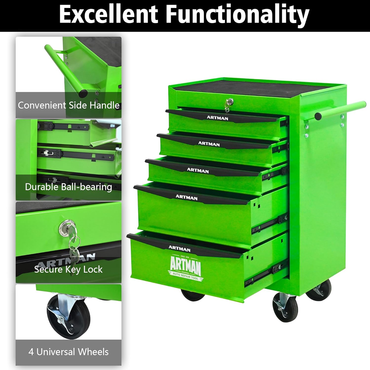 5 Drawers Tool Cart on Wheels, Multifunctional Rolling Tool Chest, Drawers Mobile Trolley Organizer Heavy Duty Tools Box with Locking Wheels & Ball Bearing Drawers (Green, 5 Drawers)