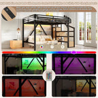 Bellemave Full Loft Beds with Storage Beside Shelves and Wardrobe, Metal Loft Bed with LED Lights and USB Ports, Heavy-Duty Loft Bed Frame for Teens, Adults, Noise-Free & Space-Saving, Black+Natural