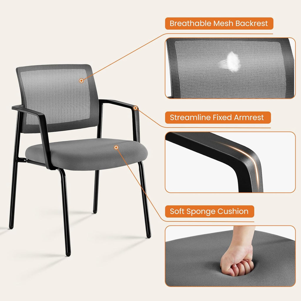 Sweetcrispy Mesh Back Stacking Arm Chairs, Upholstered Fabric Stacking Chairs, Sturdy Metal Office Chairs, Easy to Use and Store, Outdoor and Indoor, for Home, School, Party, Church, 2 Pack Grey
