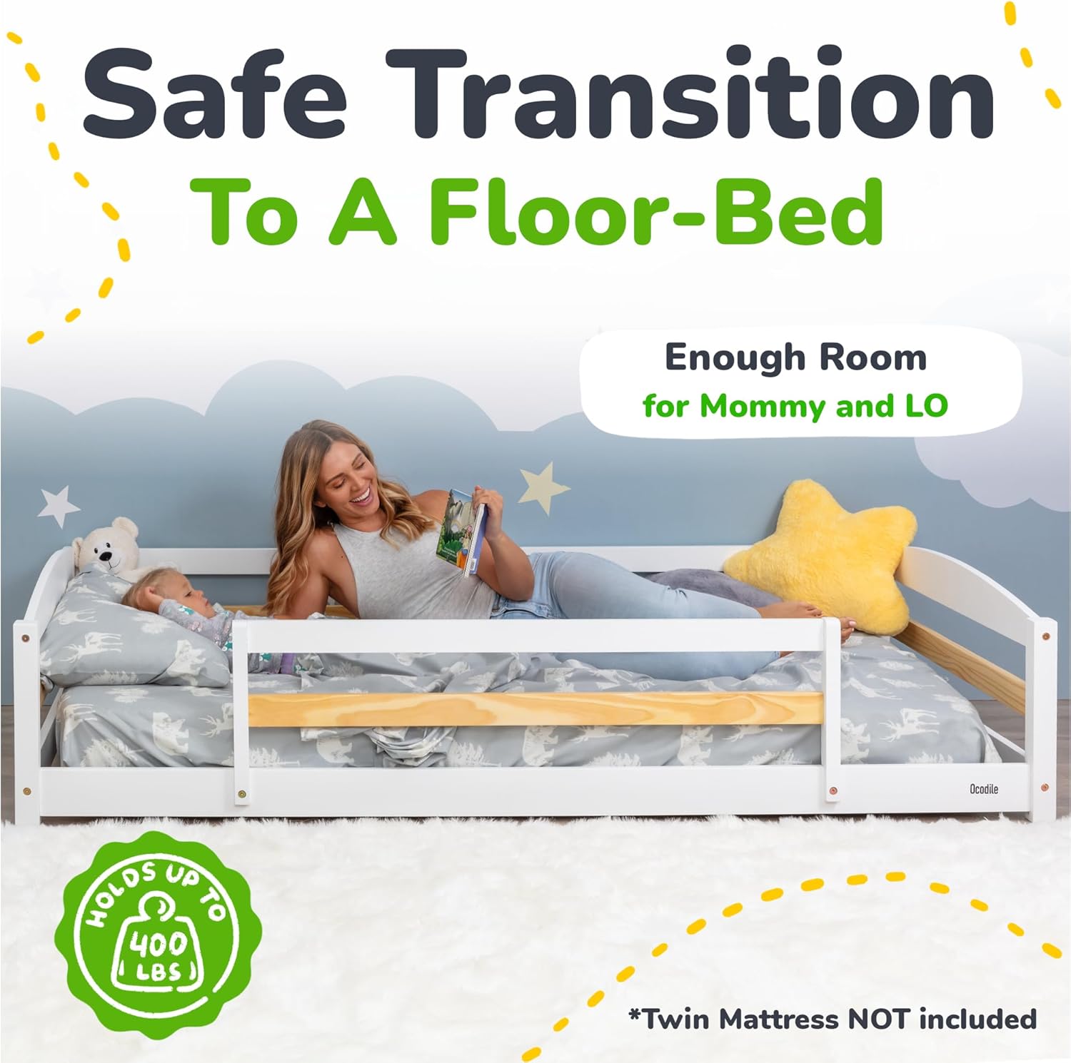 Ocodile Twin Floor Bed with Safety Guardrails for Kids, Montessori Inspired with Rails and 2 Openings, Twin Size Bed Frame for Girls and Boys - White