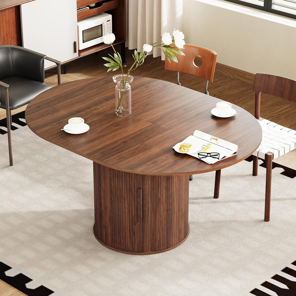 43"-59" Extendable Round to Oval Dining Table with Hidden Storage, Modern Wooden Kitchen Table with Fluted Sliding Door Cabinet, Expandable Dinner Table for Dining Room Living Room (Walnut)